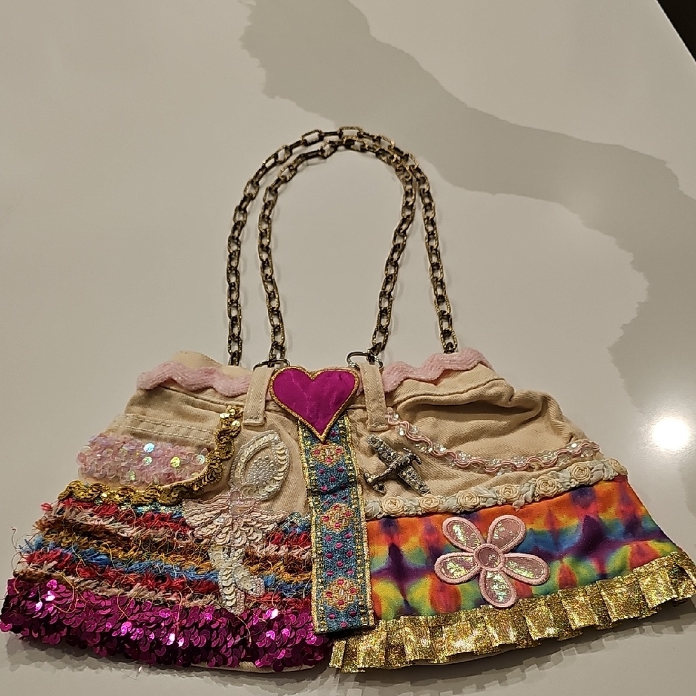 Multicolor Patchwork Denim Bag with Chain Straps